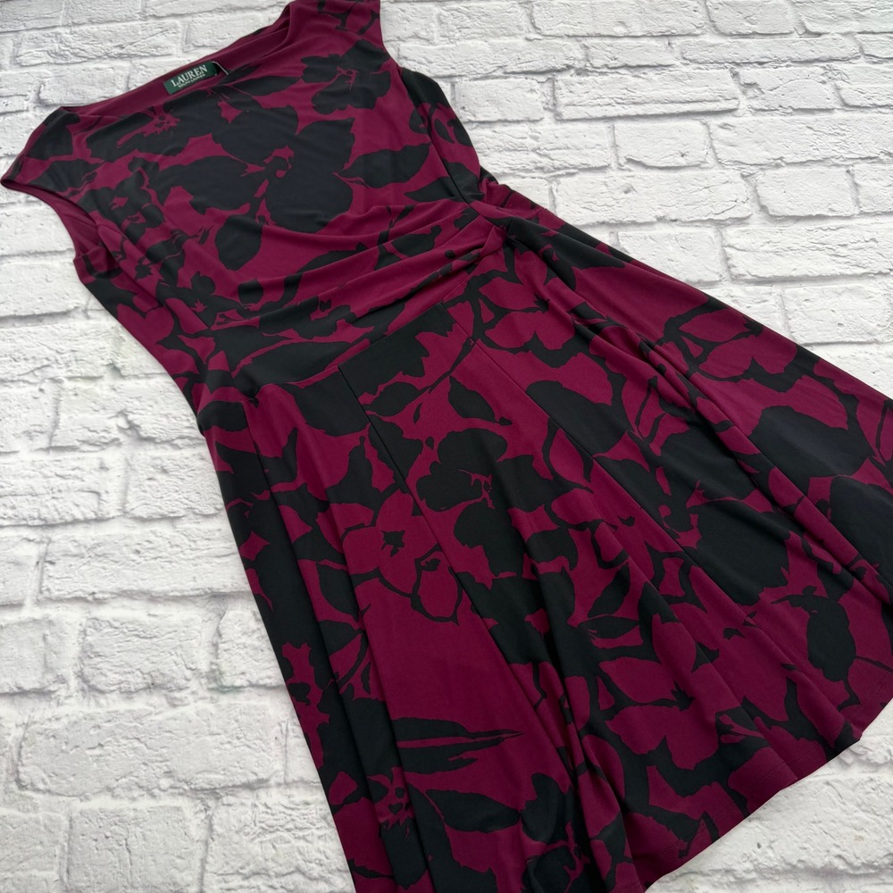 Lauren Ralph Lauren Dress Womens 12 Black Plum Floral Fit Flare Sleeveless Knee